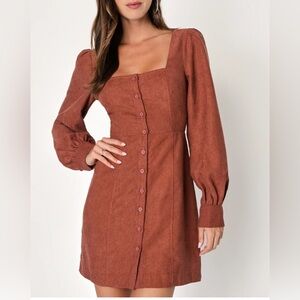 Brown Corduroy Long Sleeve Botton-Up Mini Dress Small
